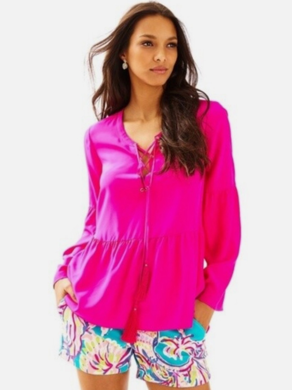 Lilly Pulitzer Women's Milan Long Sleeve Silk Lace-Up Top Magenta Sz Small Chic